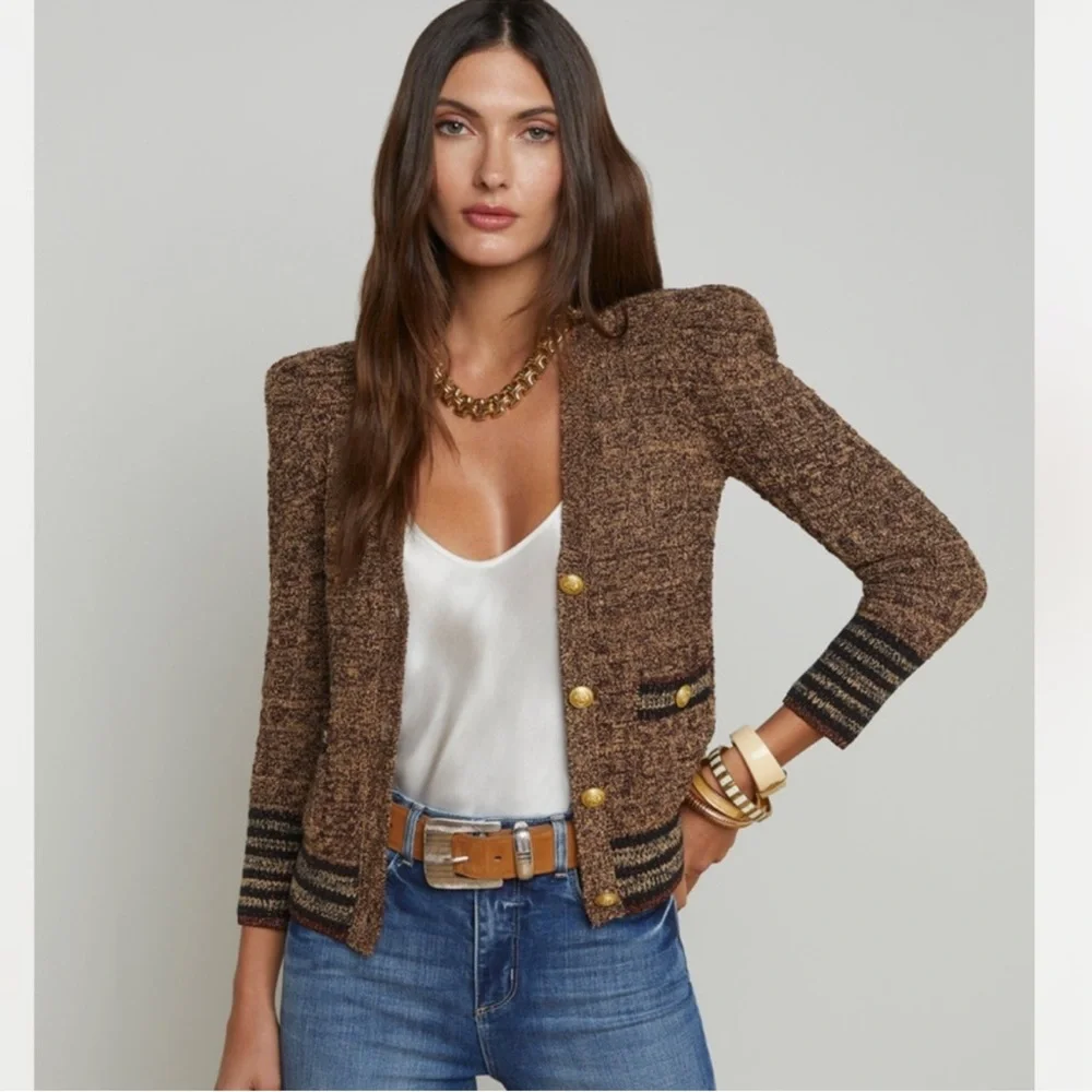 L'Agence Jenni Brown Puff Sleeve Cardigan - Picture 1 of 11